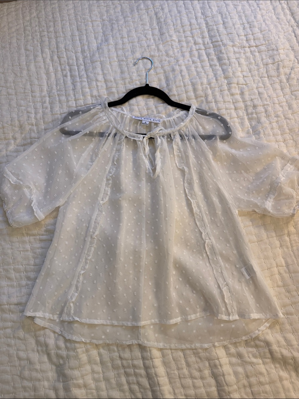 Lightweight White Swiss Dot Cold-Shoulder Blouse - Soft Ruffle Neck
